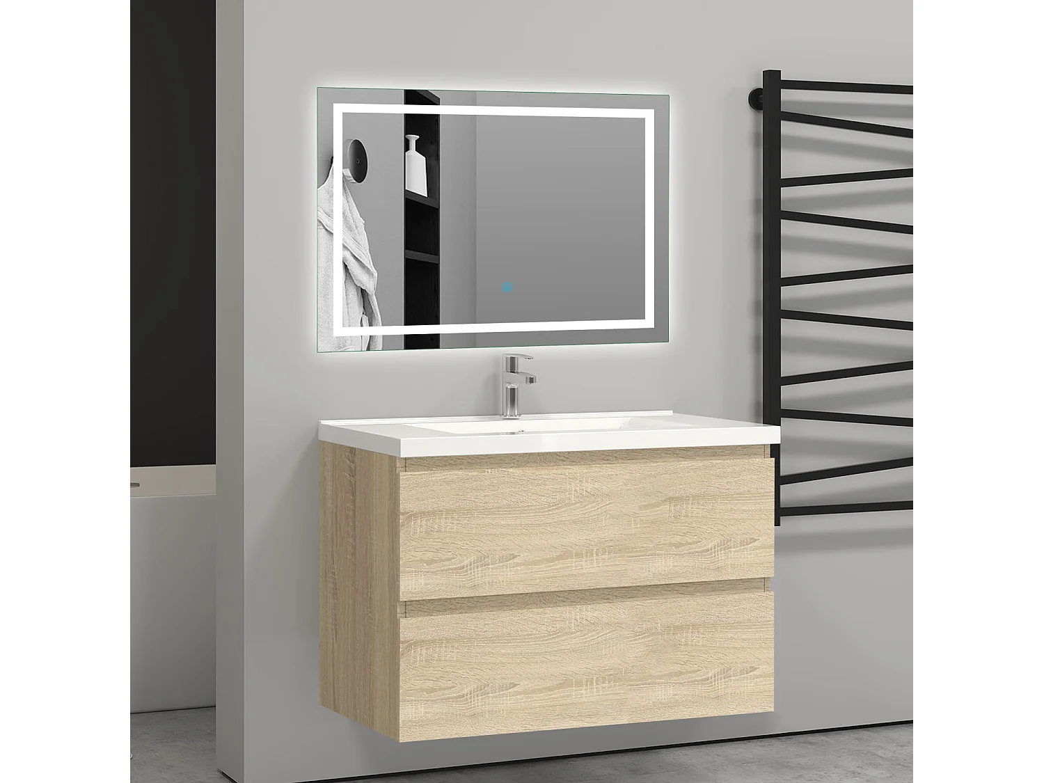 Meuble salle de bain naturel avec 2 tiroirs à une fermeture amortie avec une vasque à suspendre 79x44.5x52(L*W*H)cm