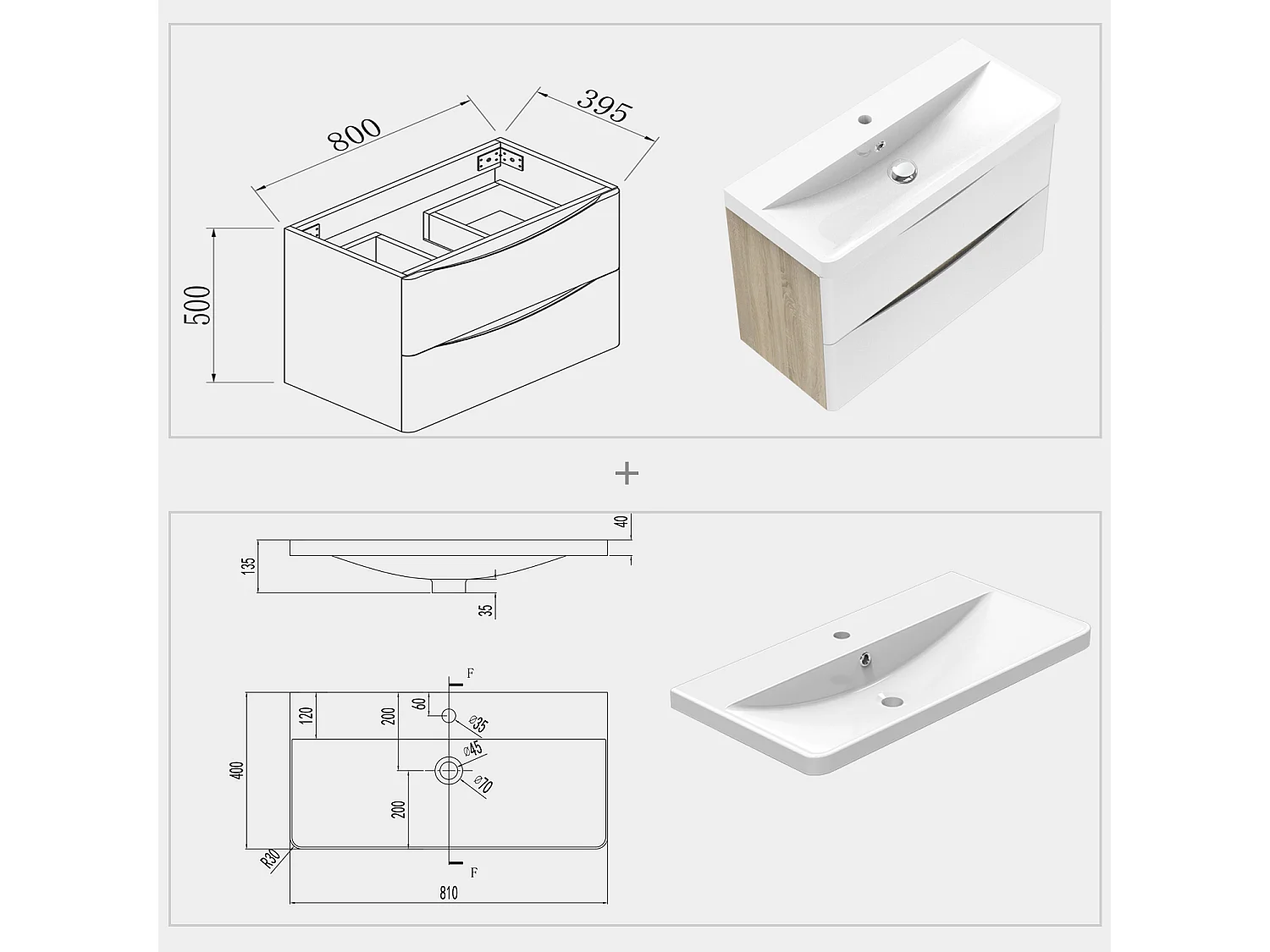 Meuble de rangement de salle de bain avec lavabo Blanc et Bois Clair 80cm Aica