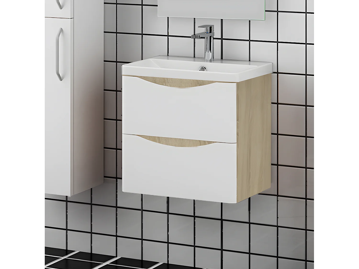 Meuble salle de bain 49.5x34.5x50cm 2 tiroirs meuble suspendu avec la vasque blanc et bois