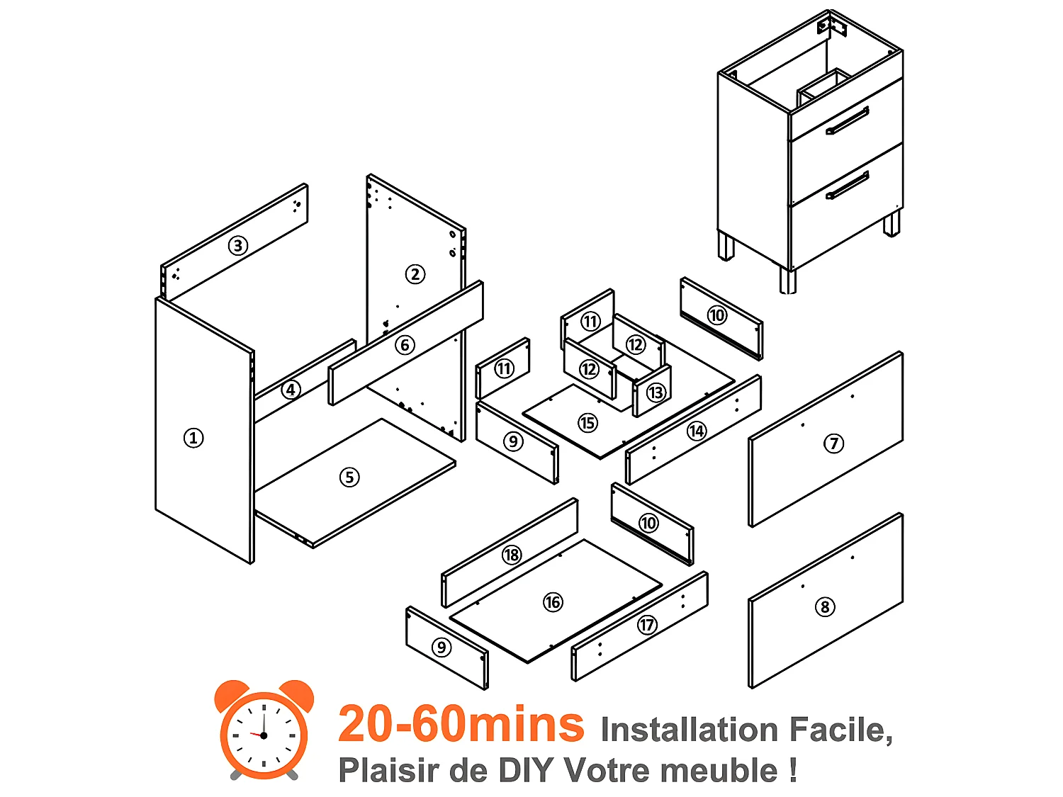 Meuble salle de bain 58x38x82.4cm 2 tiroirs Meuble vasque sur pied couleur blanc Aica