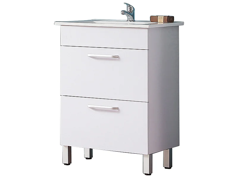 Meuble salle de bain 58x38x82.4cm 2 tiroirs Meuble vasque sur pied couleur blanc Aica