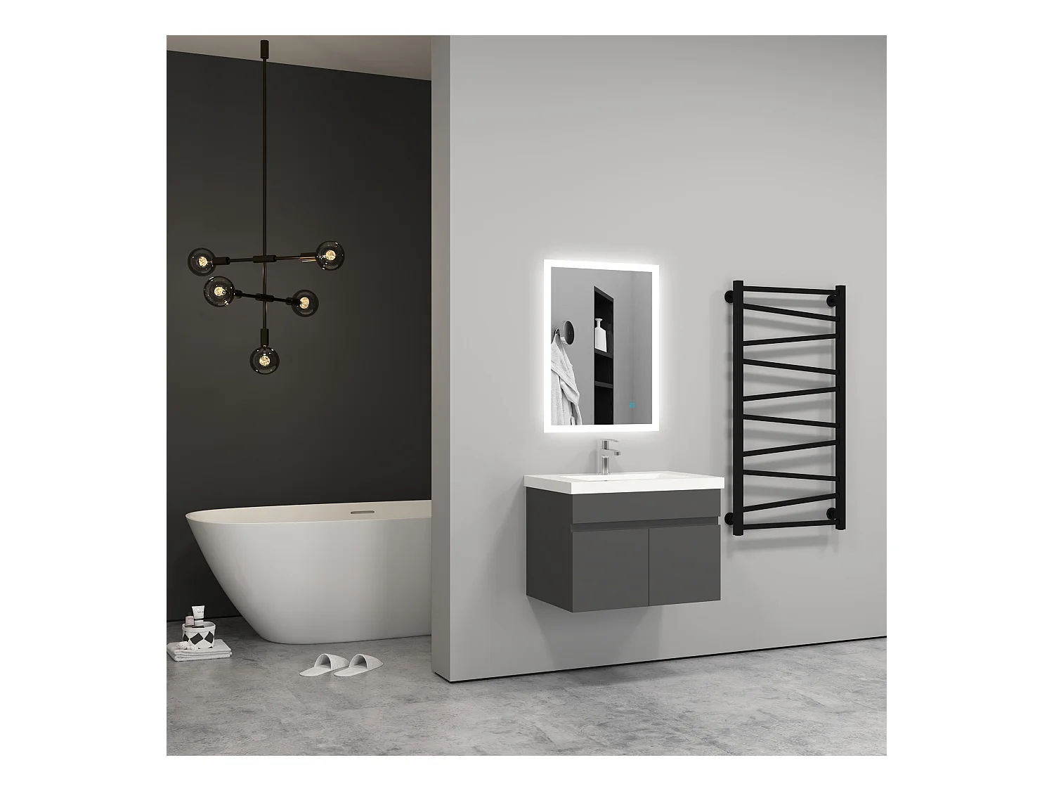 60cm Meuble salle de bain anthracite 2 portes avec une vasque à poser Aica