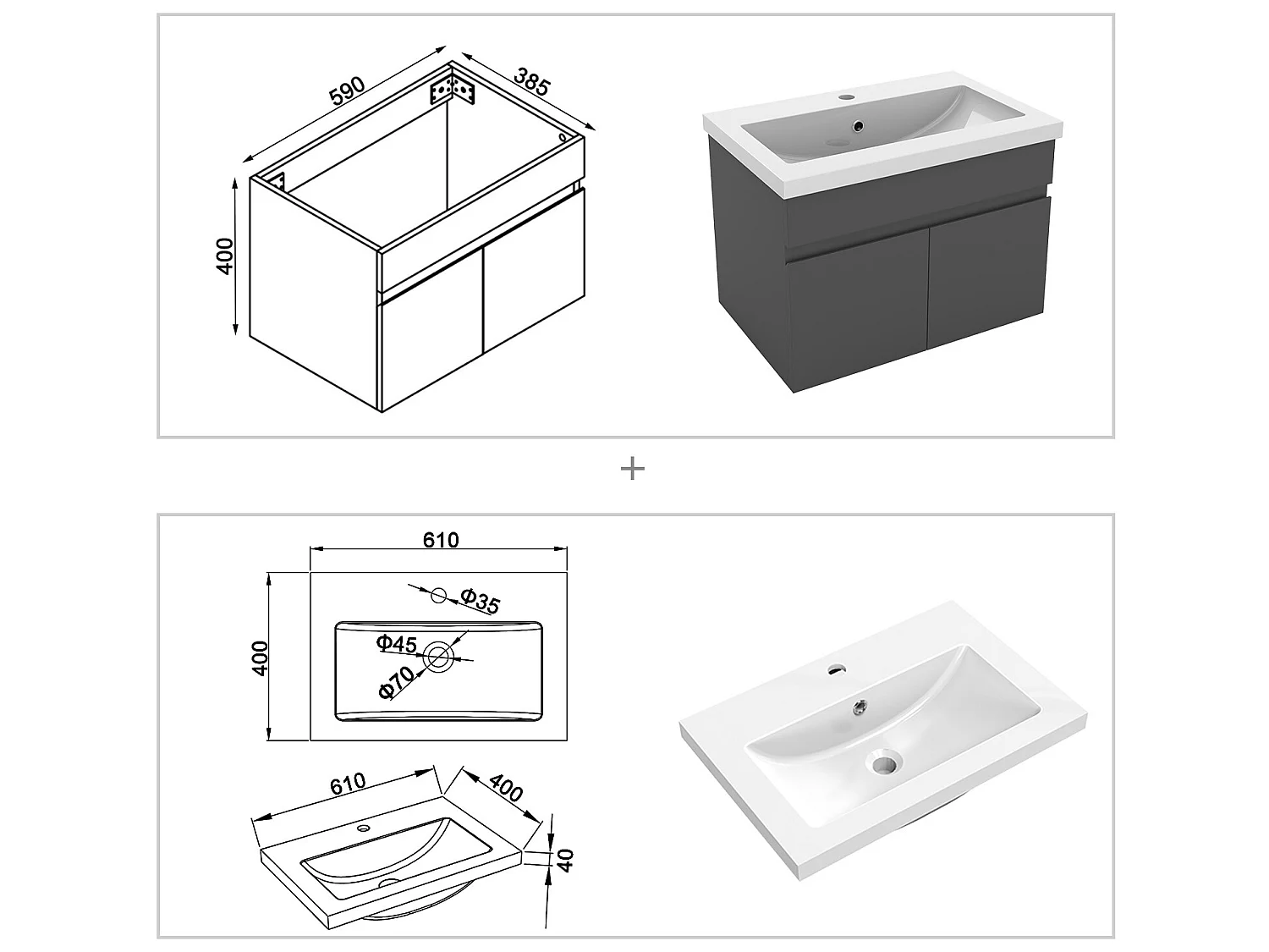 60cm Meuble salle de bain anthracite 2 portes avec une vasque à poser Aica