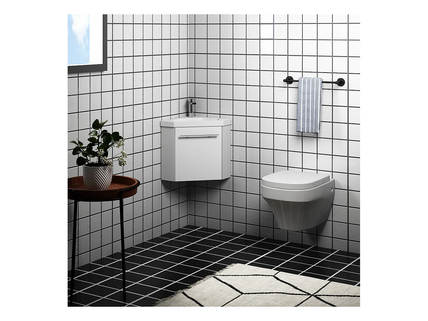 Meuble salle de bain d'angle 39.5x39.5x42cm 1 porte meuble suspendu avec la vasque blanc