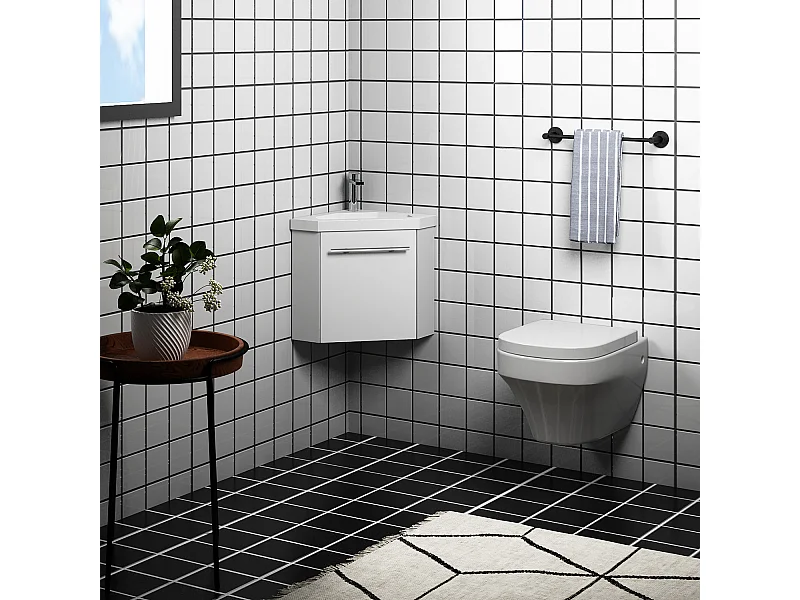 Meuble salle de bain d'angle 39.5x39.5x42cm 1 porte meuble suspendu avec la vasque blanc