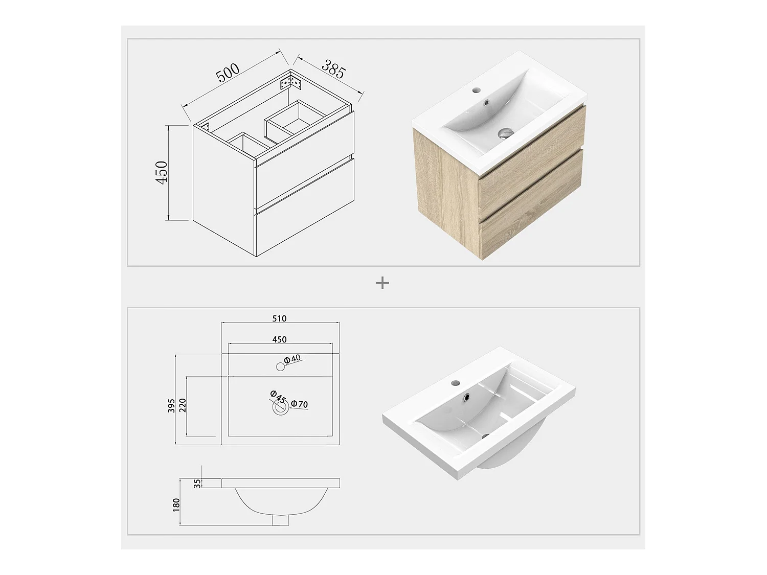 Meuble de salle de bain avec vasque intégrée poignées incorporées Bois 50cm Aica