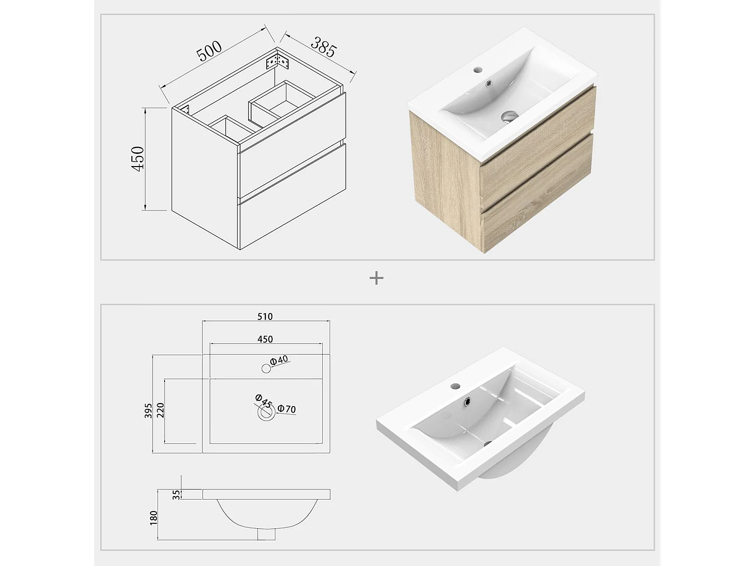 Meuble de salle de bain avec vasque intégrée poignées incorporées Bois 50cm Aica
