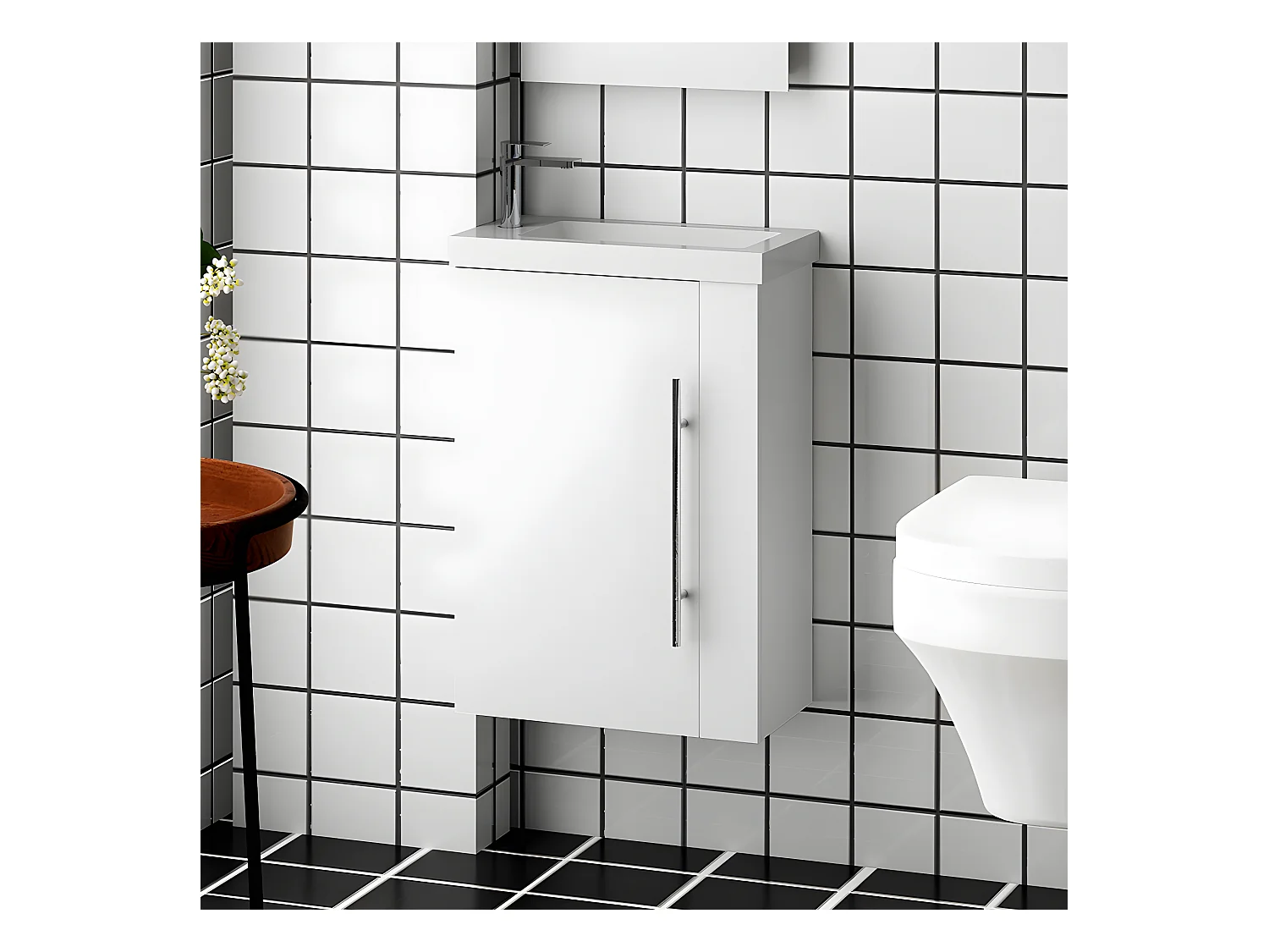 Meuble salle de bain 44x23x60cm 1 porte meuble suspendu avec la vasque couleur blanc Aica