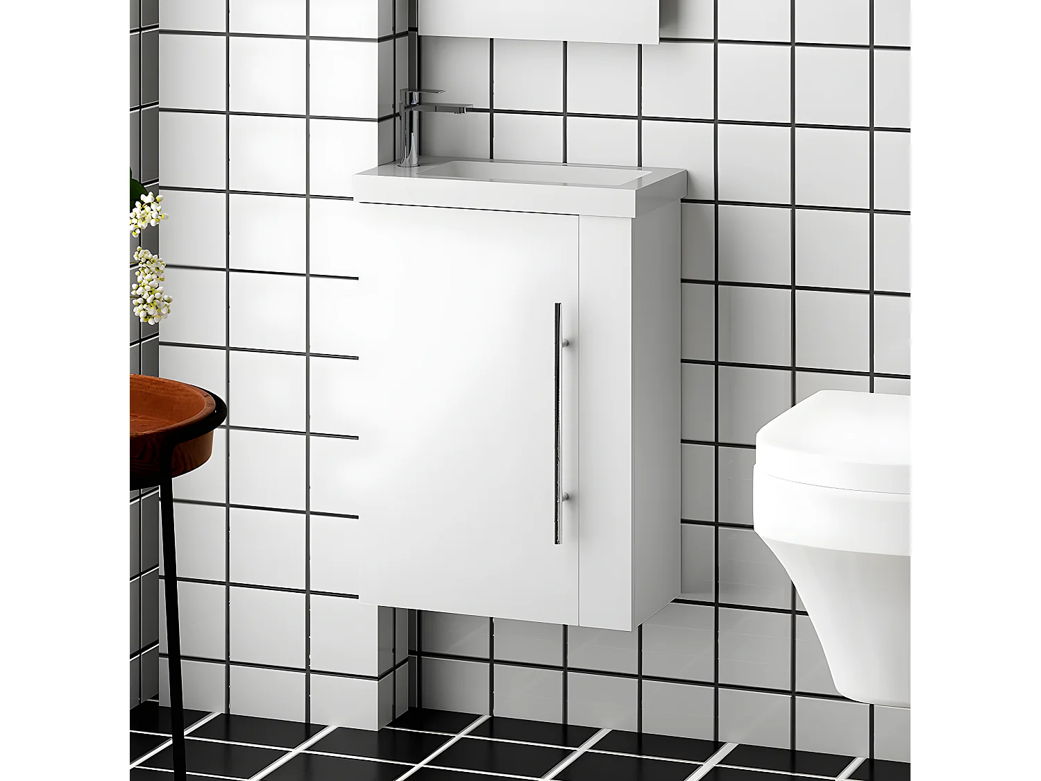 Meuble salle de bain 44x23x60cm 1 porte meuble suspendu avec la vasque couleur blanc Aica