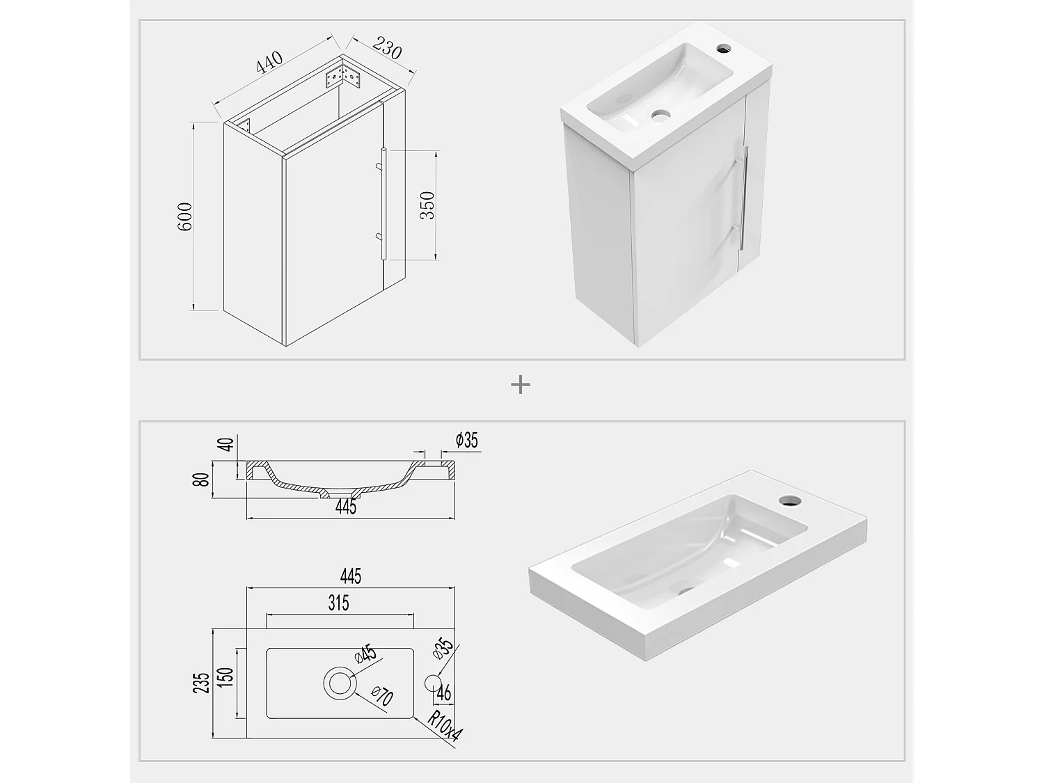 Meuble salle de bain 44x23x60cm 1 porte meuble suspendu avec la vasque couleur blanc Aica
