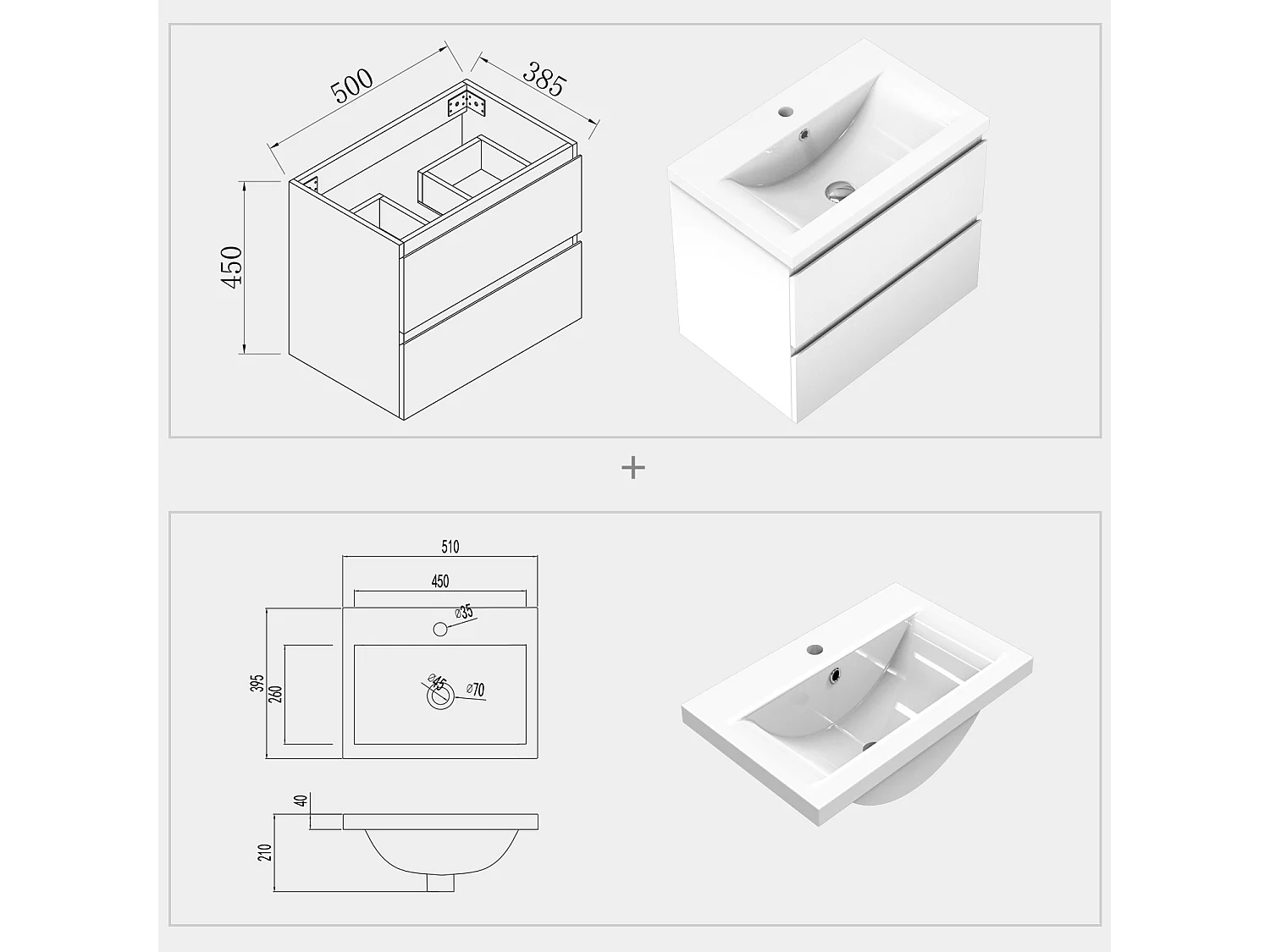 Meuble salle de bain 50x38.5x45cm 2 tiroirs meuble suspendu avec la vasque blanc Aica