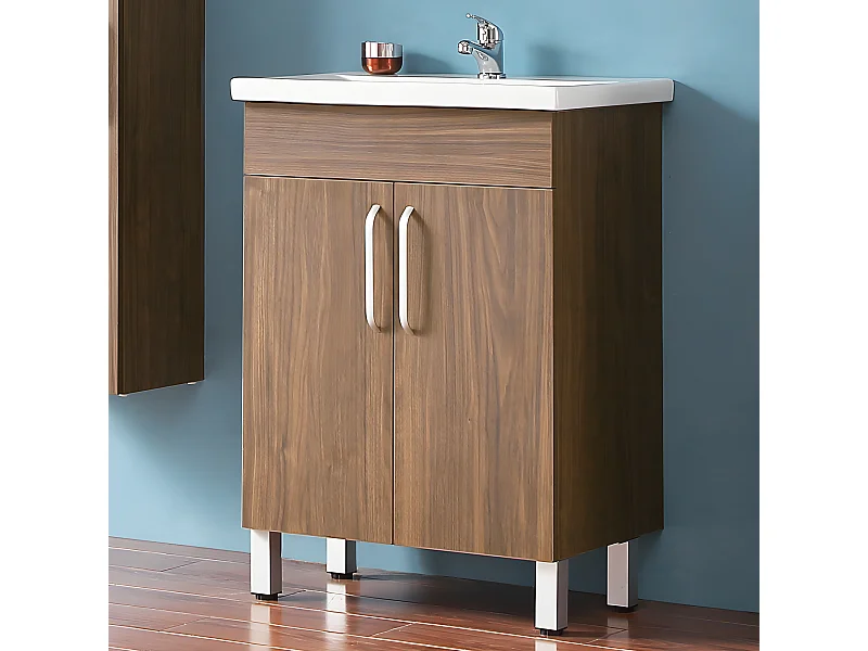 Meuble sous vasque sur pieds avec lavabo intégré 2 portes Chêne L.58xP.38xH.82,4cm Aica
