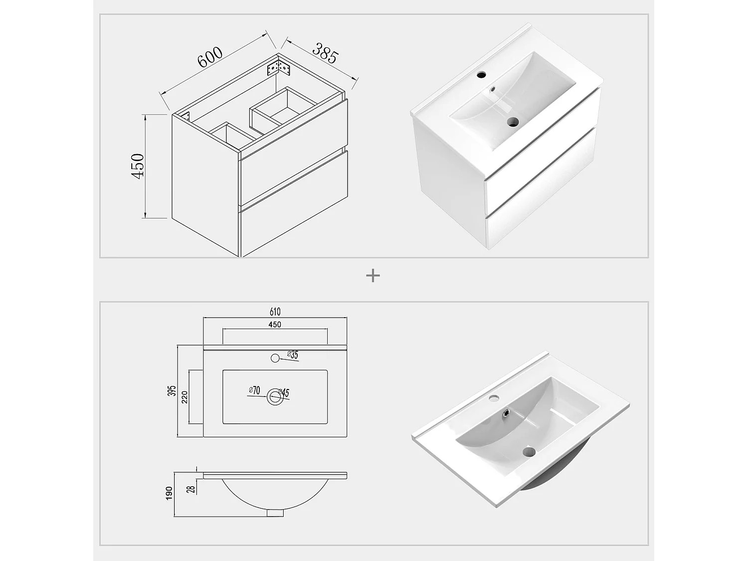 Meuble salle de bain, meuble lave-mains à suspendre avec lavabo en céramique Blanc 60cm