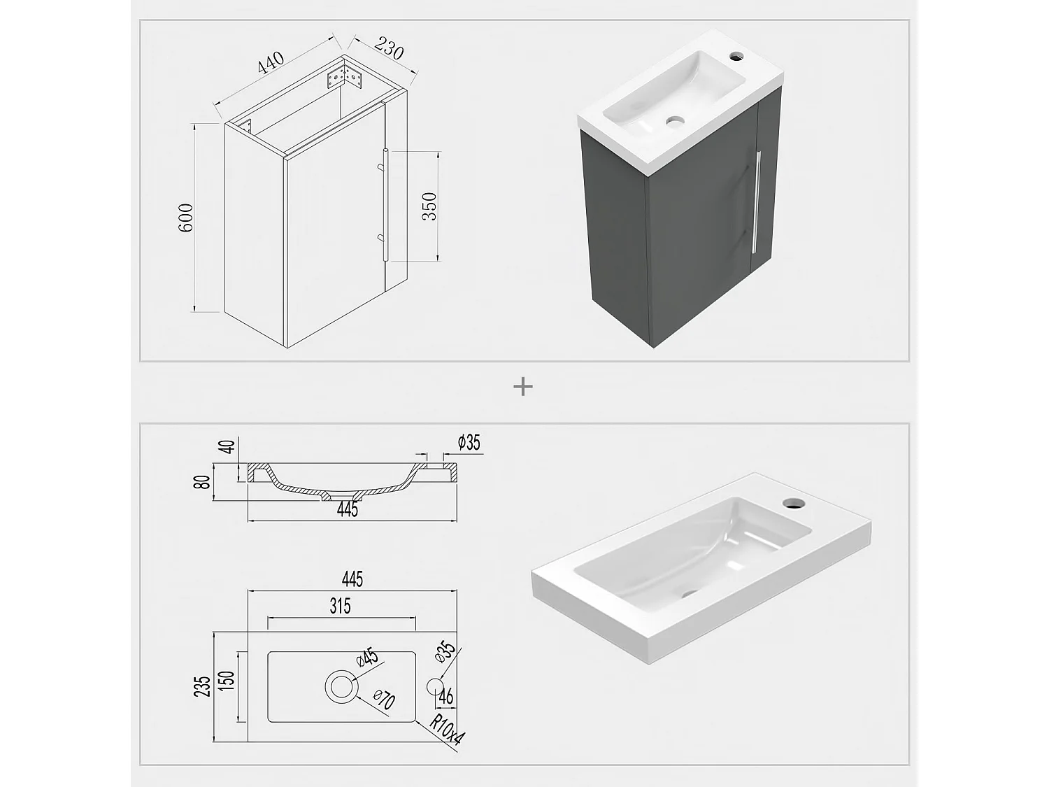 Meuble lave-mains sous vasque suspendu avec lavabo intégré Anthracite 45cm Aica