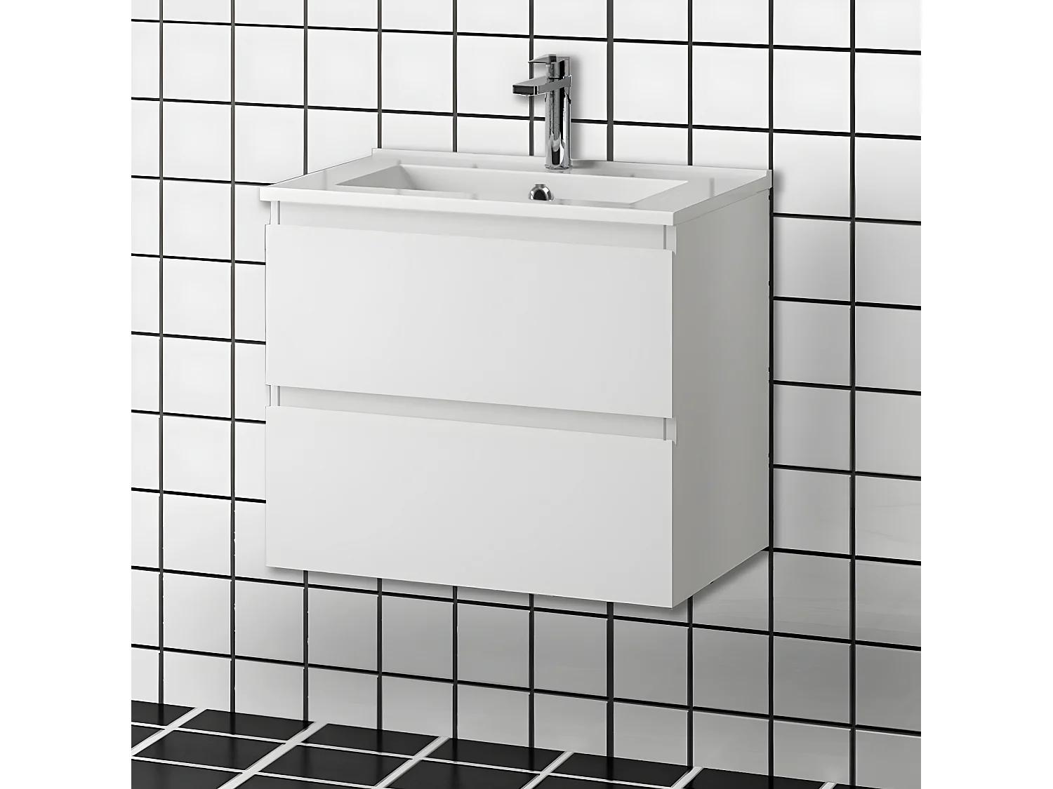 Meuble salle de bain 60x38.5x45cm 2 tiroirs meuble suspendu avec la vasque blanc Aica