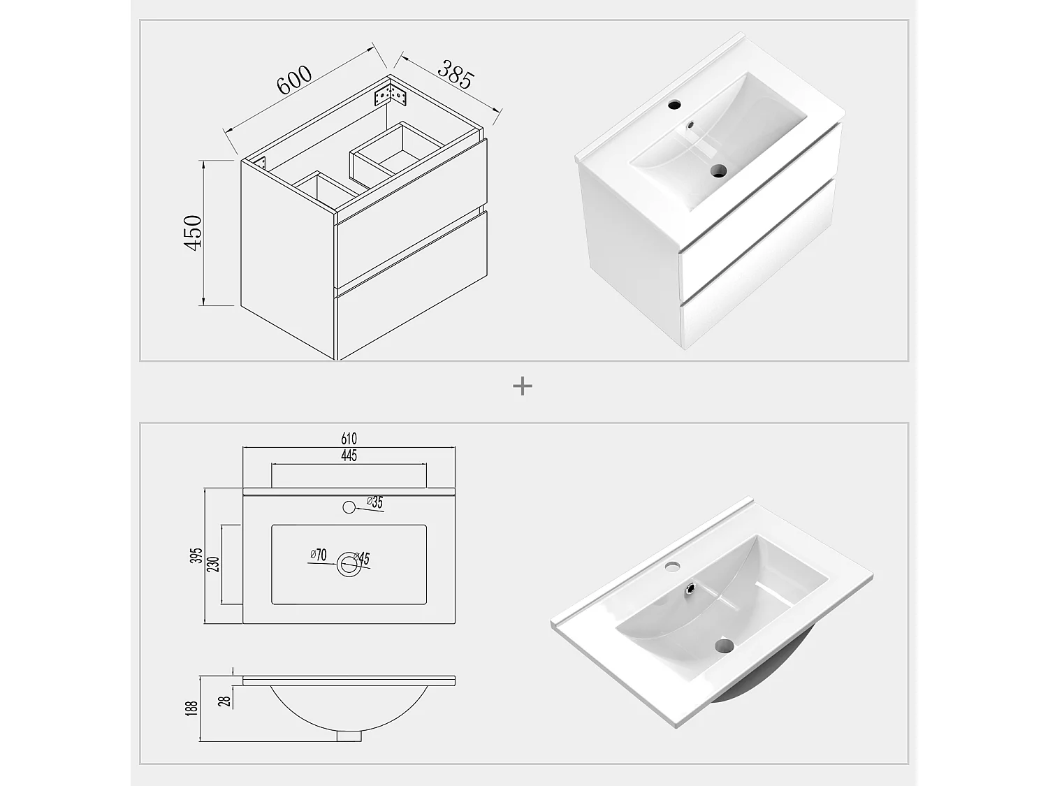 Meuble salle de bain 60x38.5x45cm 2 tiroirs meuble suspendu avec la vasque blanc Aica