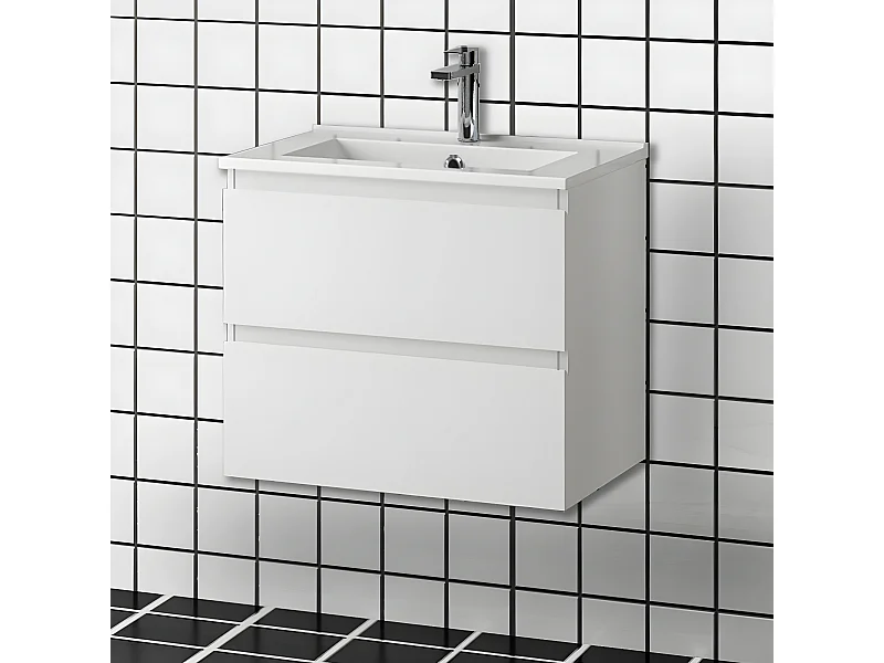Meuble salle de bain 60x38.5x45cm 2 tiroirs meuble suspendu avec la vasque blanc Aica