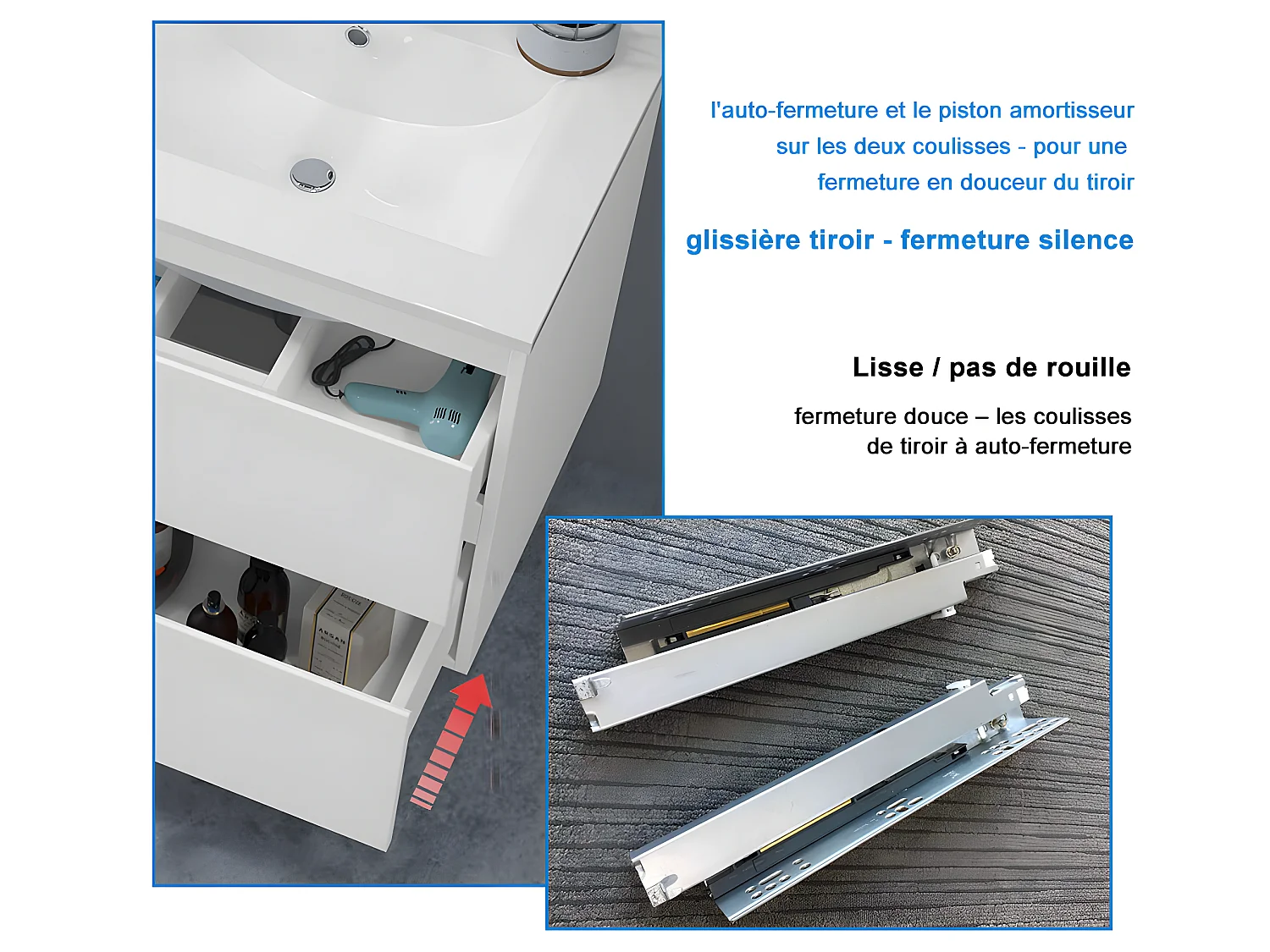 Meuble salle de bain blanc avec 2 tiroirs à une fermeture amortie avec une vasque à suspendre 79x44.5x52(L*W*H)cm