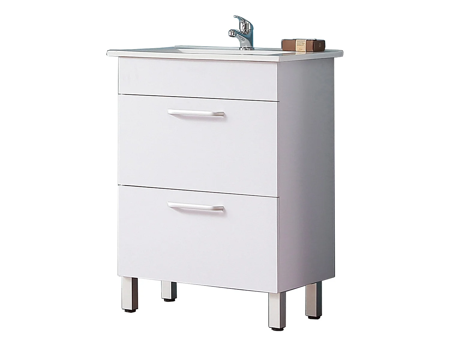 Meuble sous vasque sur pieds avec lavabo intégré 2 tiroirs Blanc L.58xP.38xH.82,4cm Aica