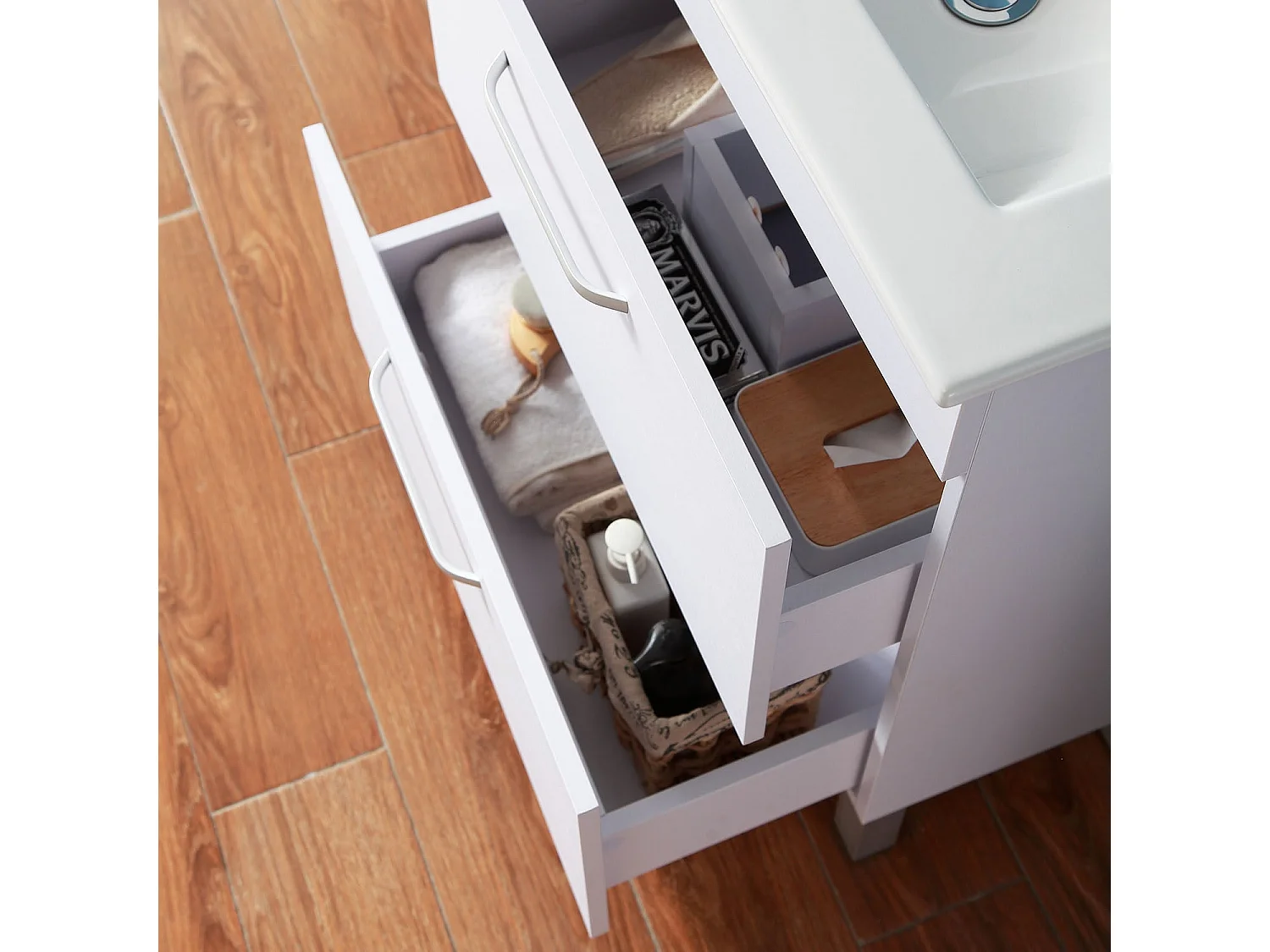 Meuble sous vasque sur pieds avec lavabo intégré 2 tiroirs Blanc L.58xP.38xH.82,4cm Aica