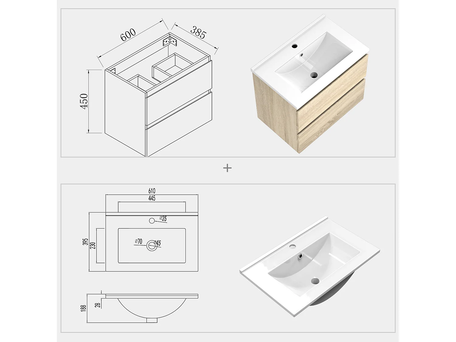 Meuble salle de bain 60x38.5x45cm 2 tiroirs meuble suspendu avec la vasque bois Aica