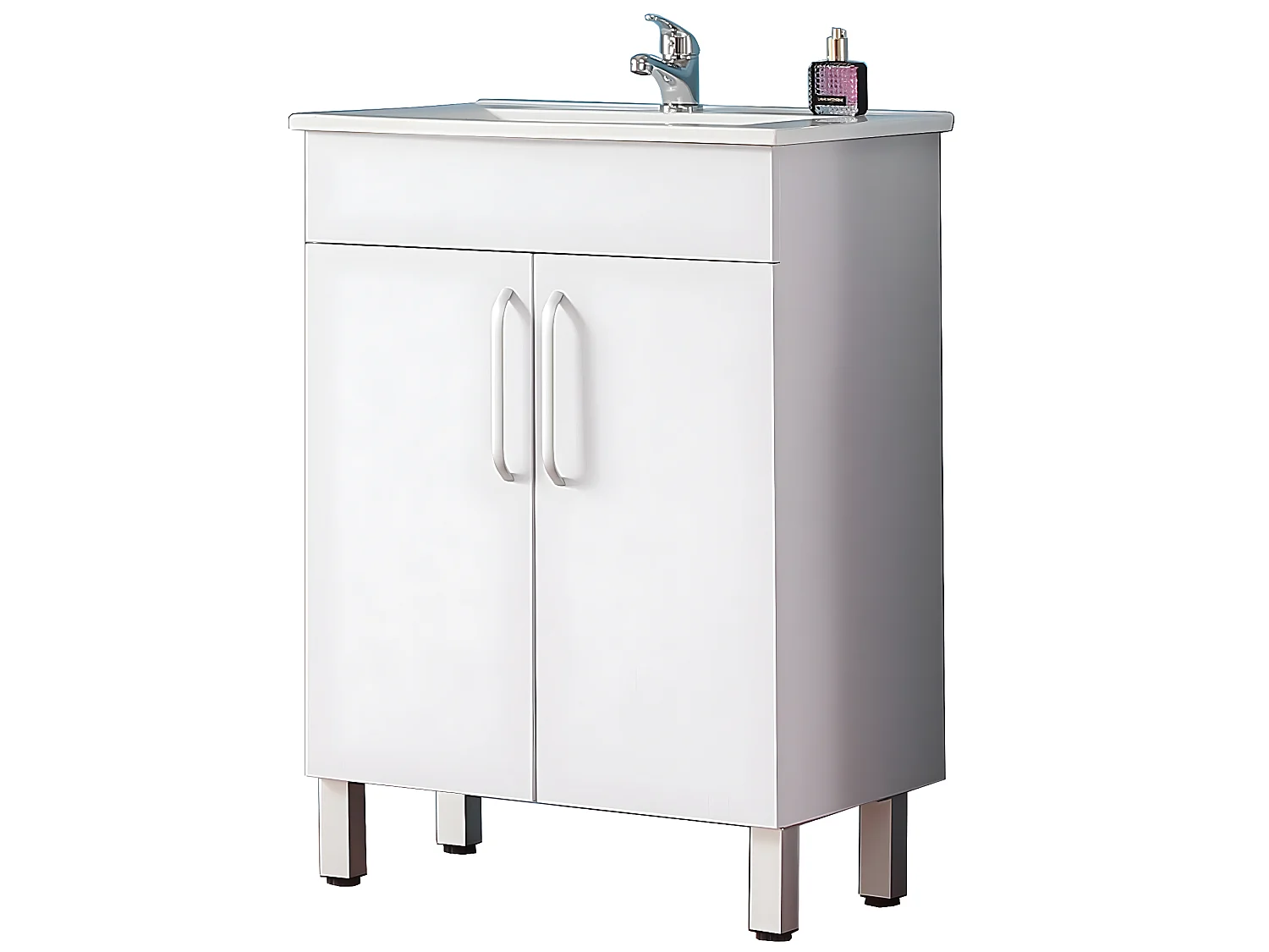 Meuble sous vasque sur pieds avec lavabo intégré 2 portes Blanc L.58xP.38xH.82,4cm Aica