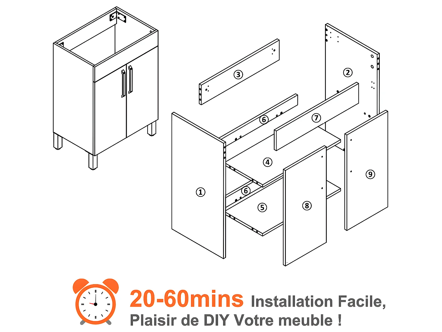 Meuble sous vasque sur pieds avec lavabo intégré 2 portes Blanc L.58xP.38xH.82,4cm Aica