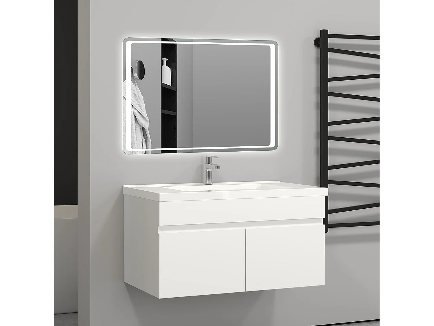 80cm Meuble salle de bain blanc 2 portes avec une vasque à suspendre Aica