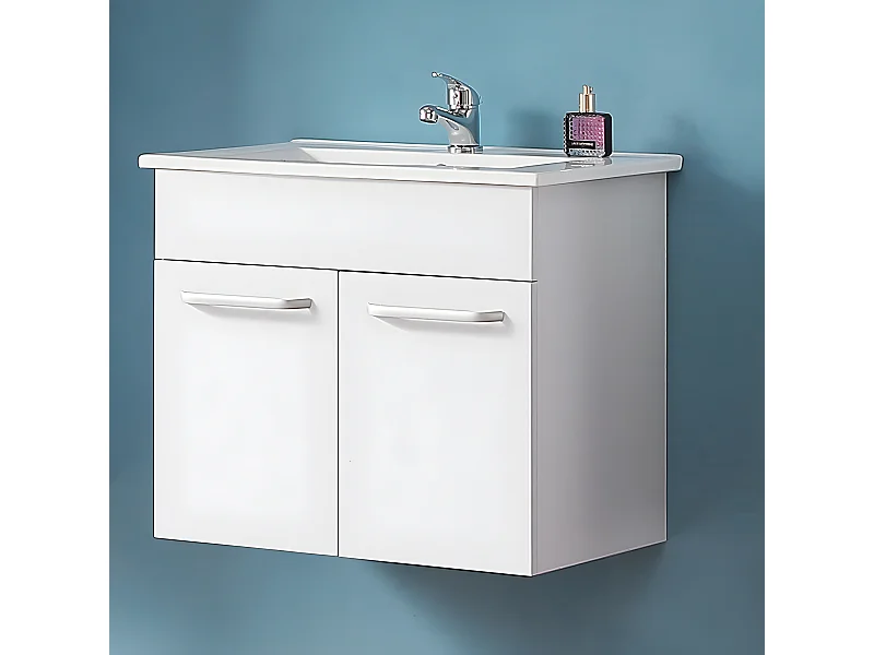 60cm Meuble sous vasque, meuble lave-mains à suspendre avec lavabo en céramique blanc Aica