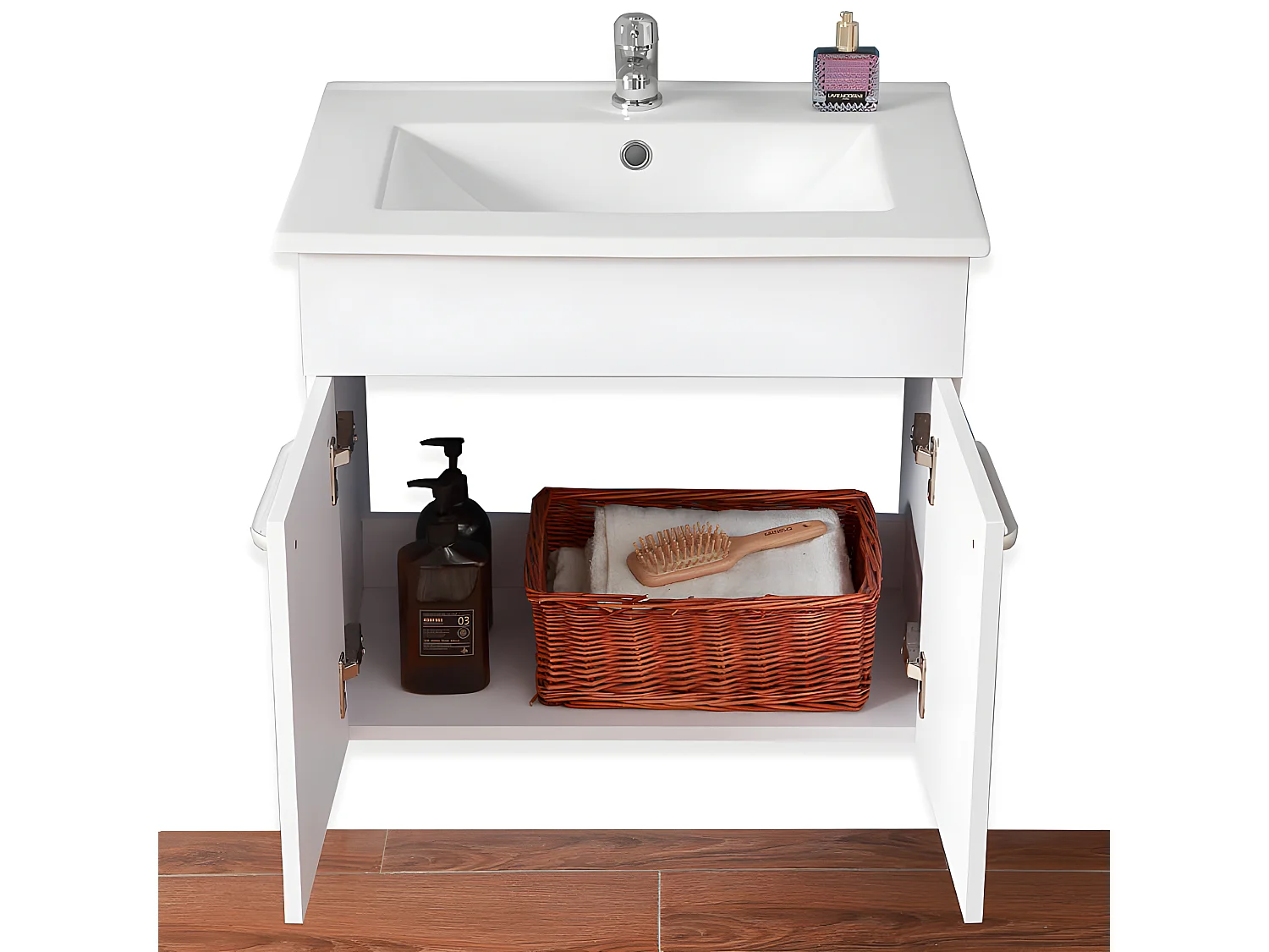 60cm Meuble sous vasque, meuble lave-mains à suspendre avec lavabo en céramique blanc Aica