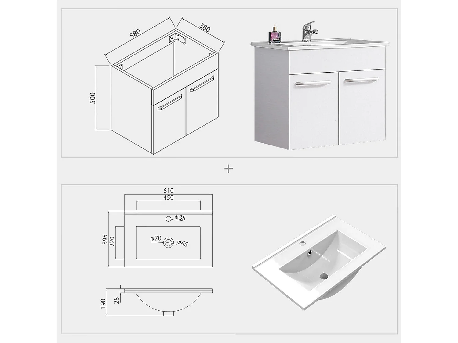 60cm Meuble sous vasque, meuble lave-mains à suspendre avec lavabo en céramique blanc Aica