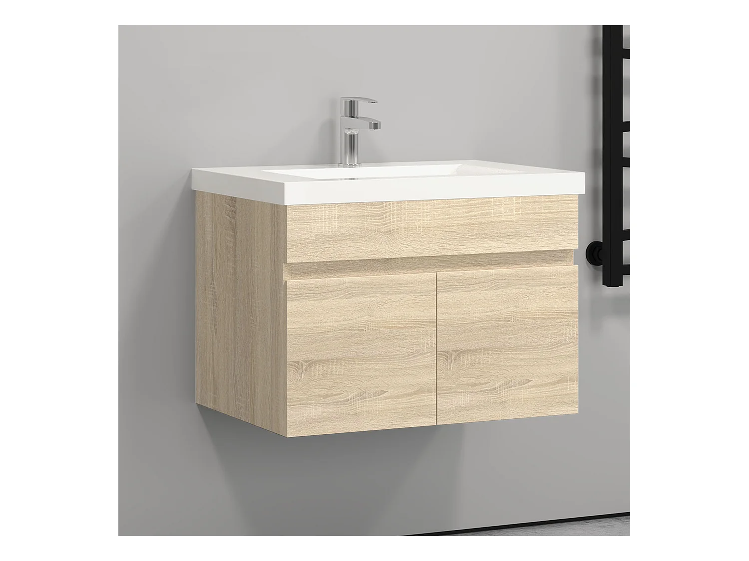 60cm Meuble salle de bain naturel 2 portes avec une vasque à suspendre pour Aica
