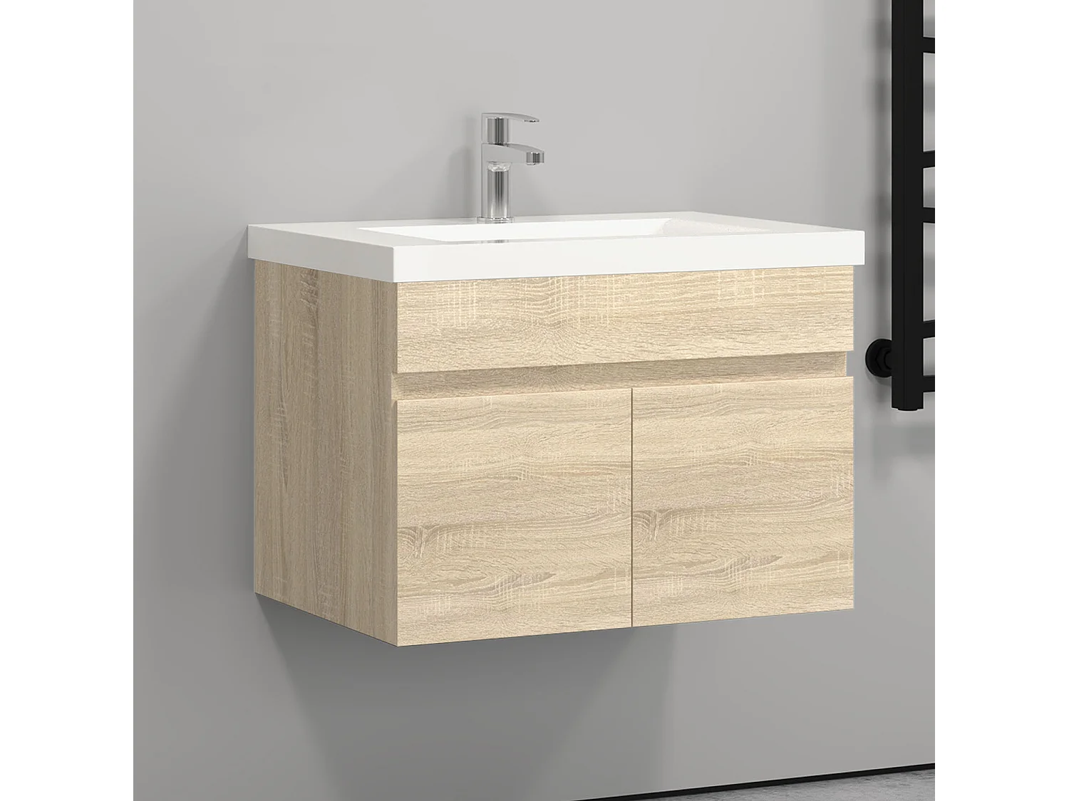 60cm Meuble salle de bain naturel 2 portes avec une vasque à suspendre pour Aica