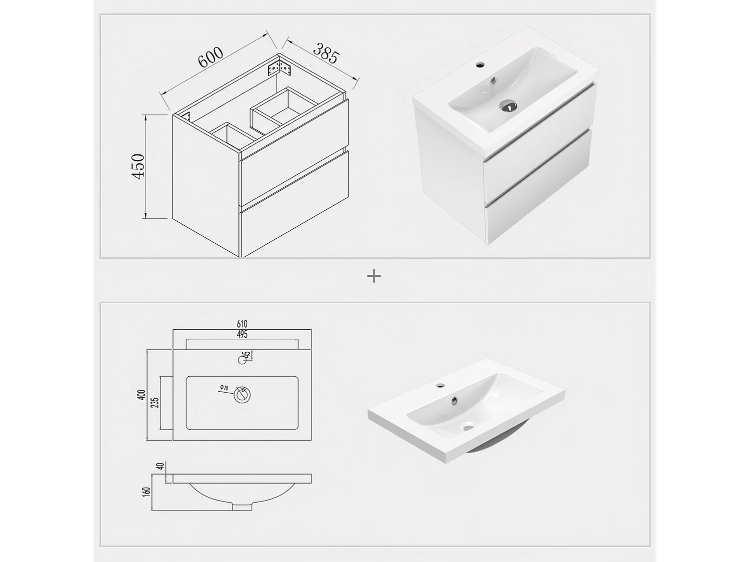 Meuble salle de bain, meuble lave-mains à suspendre avec lavabo, meuble de rangement moderne double tiroir Blanc 60cm