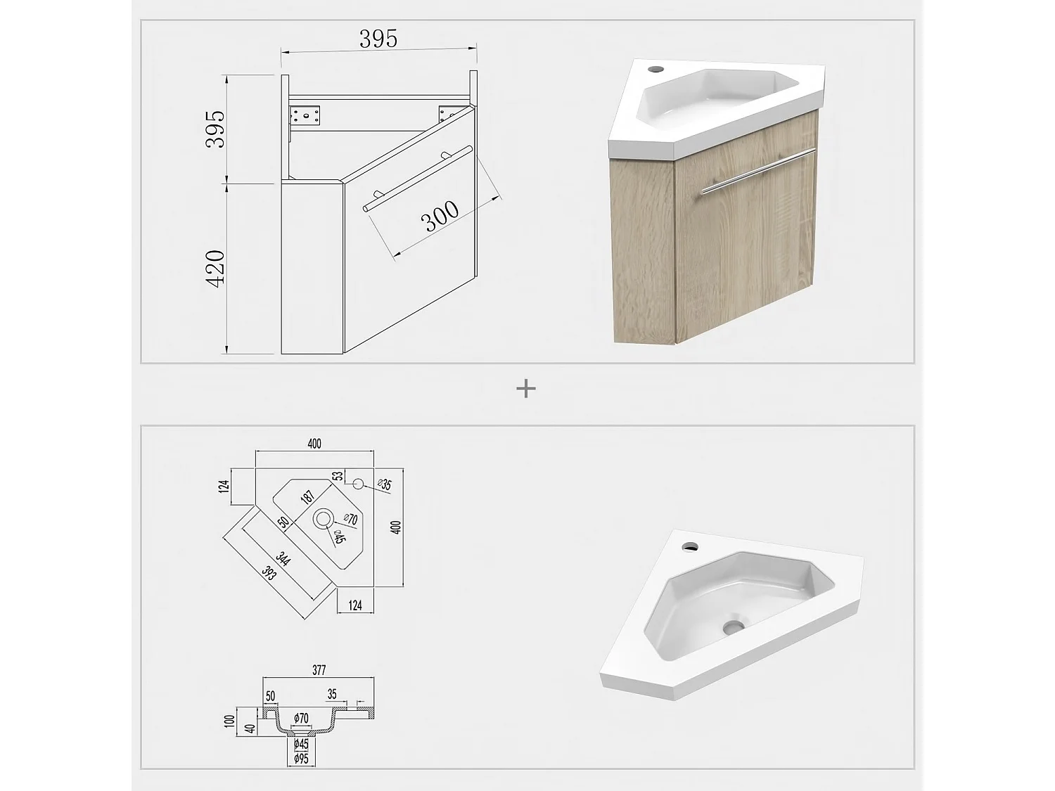 Meuble de rangement de salle de bain Meuble sous vasque d'angle Bois 40 cm Aica