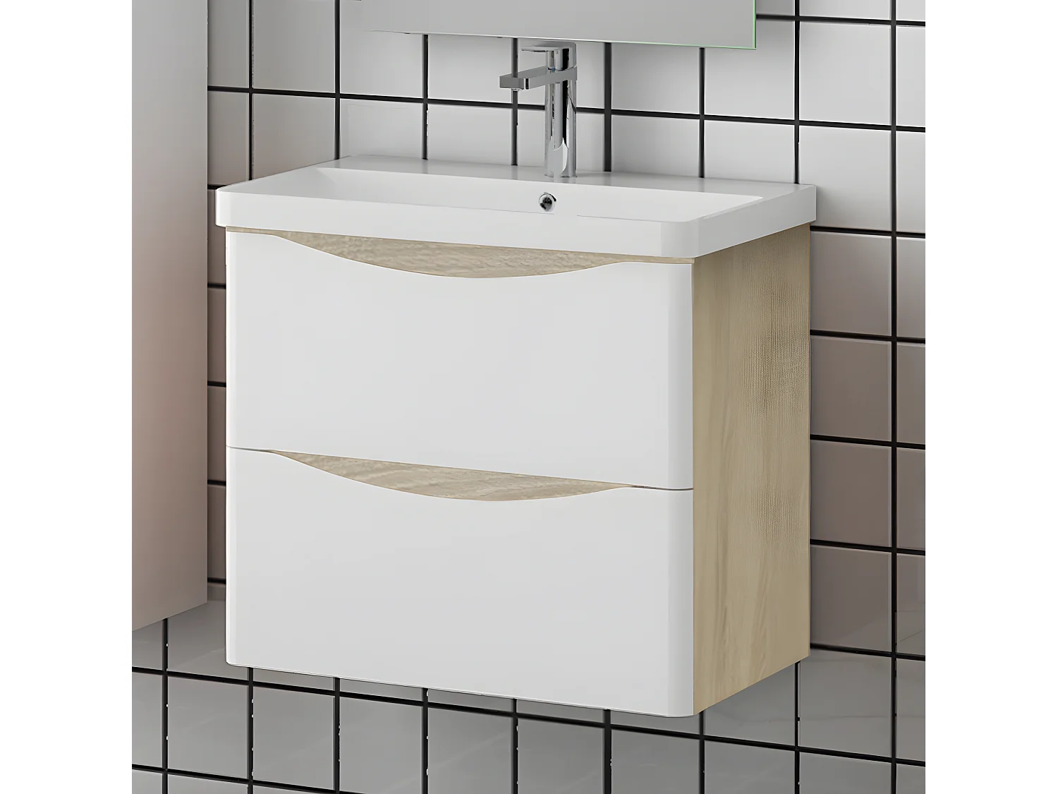 Meuble salle de bain 59x34.5x50cm 2 tiroirs meuble suspendu avec la vasque blanc et bois Aica