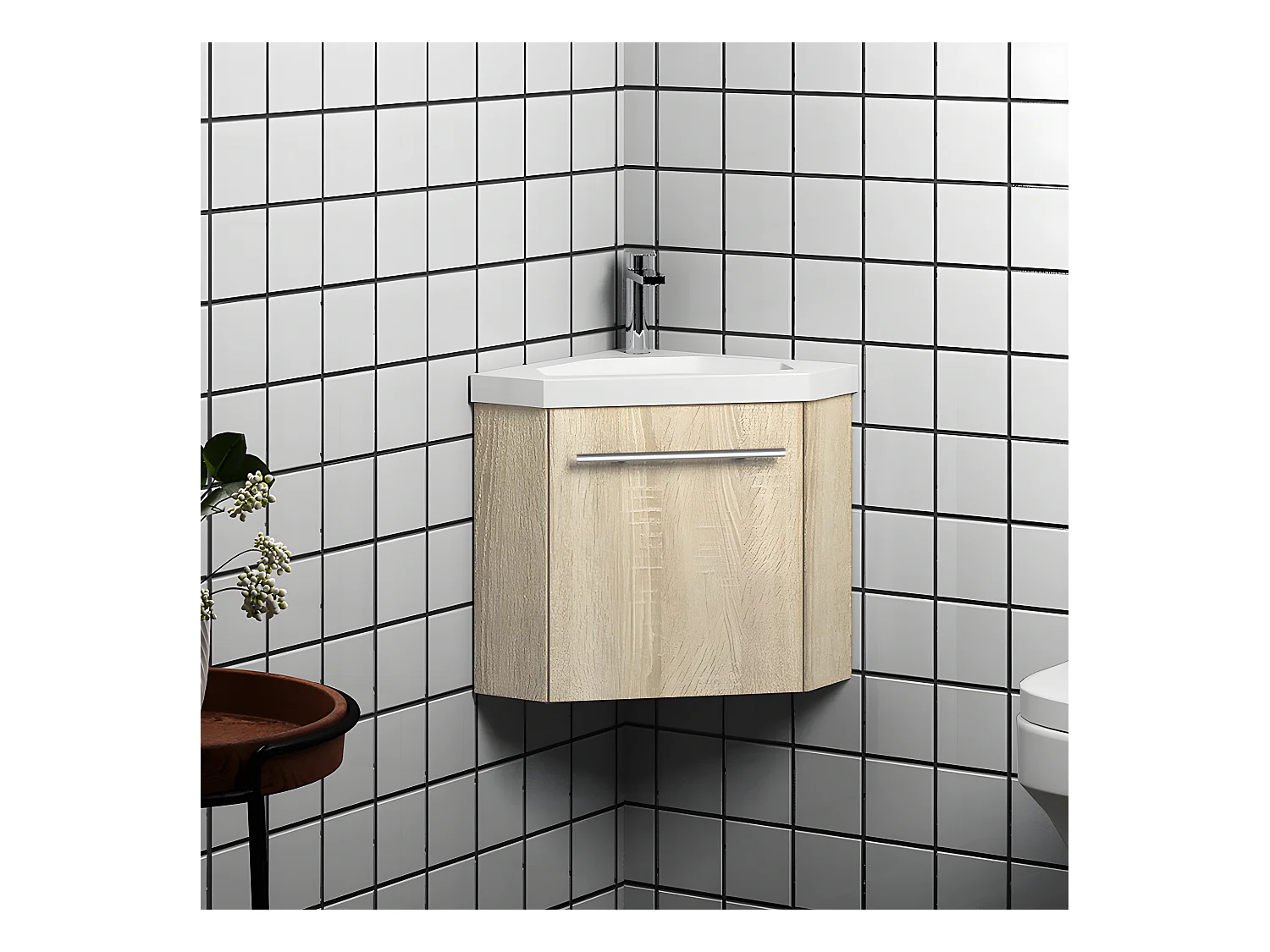 Meuble salle de bain d'angle 39.5x39.5x42cm 1 porte meuble suspendu avec la vasque bois