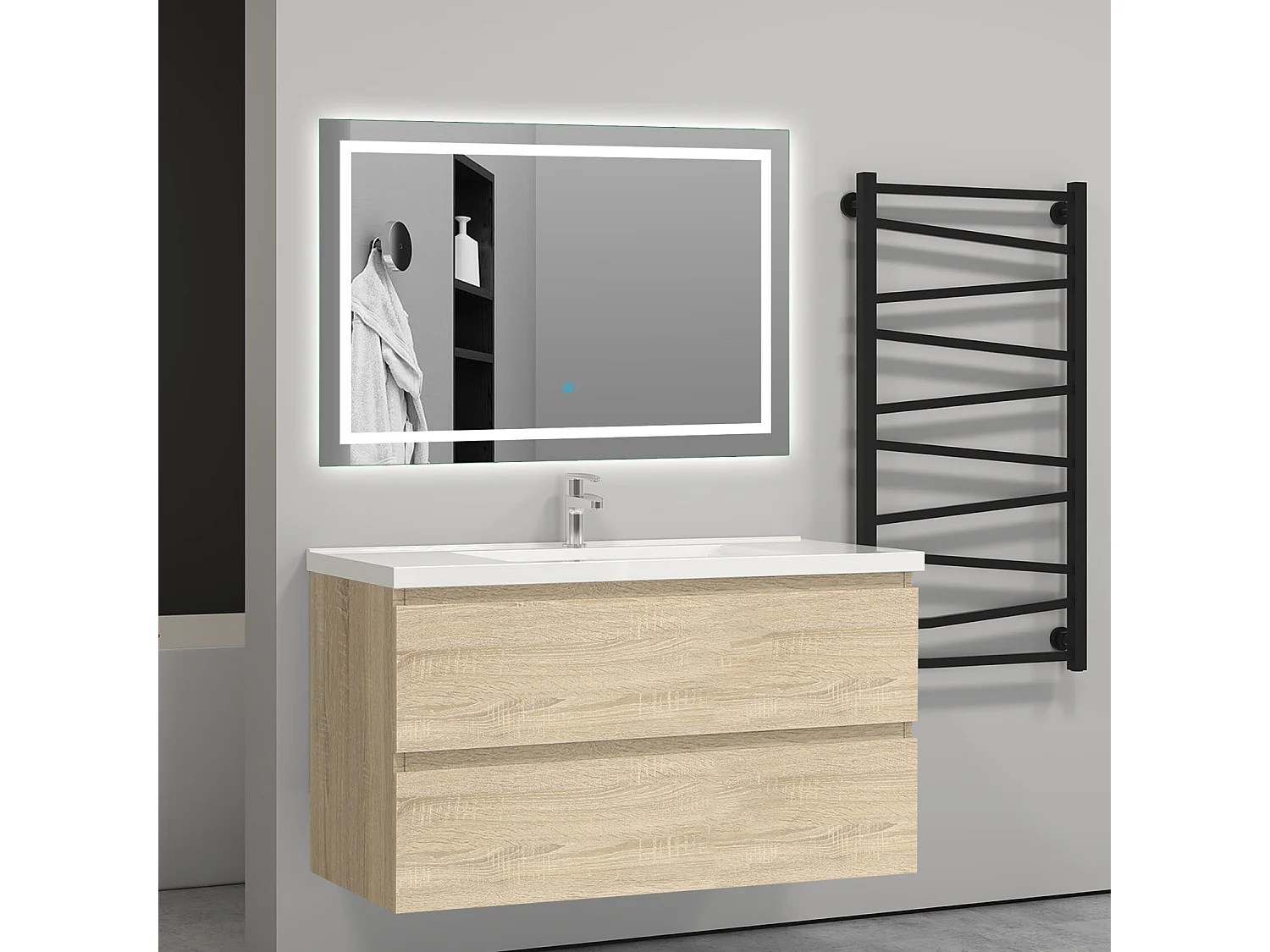 Meuble salle de bain naturel avec 2 tiroirs à une fermeture amortie avec une vasque à suspendre 99x44.5x52(L*W*H)cm