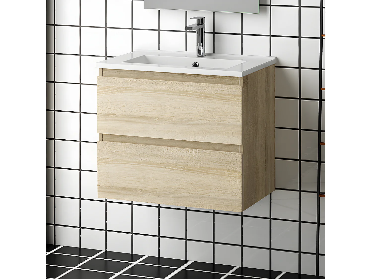 Meuble salle de bain 50x38.5x45cm 2 tiroirs meuble suspendu avec la vasque couleur bois Aica