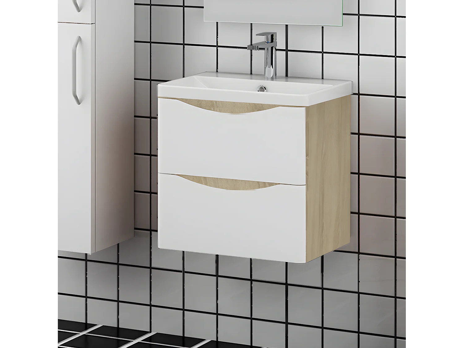 Meuble de rangement de salle de bain avec lavabo Blanc et Bois Clair 50cm Aica