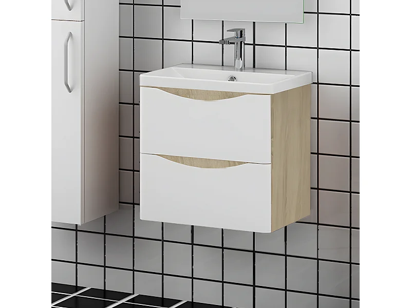 Meuble de rangement de salle de bain avec lavabo Blanc et Bois Clair 50cm Aica