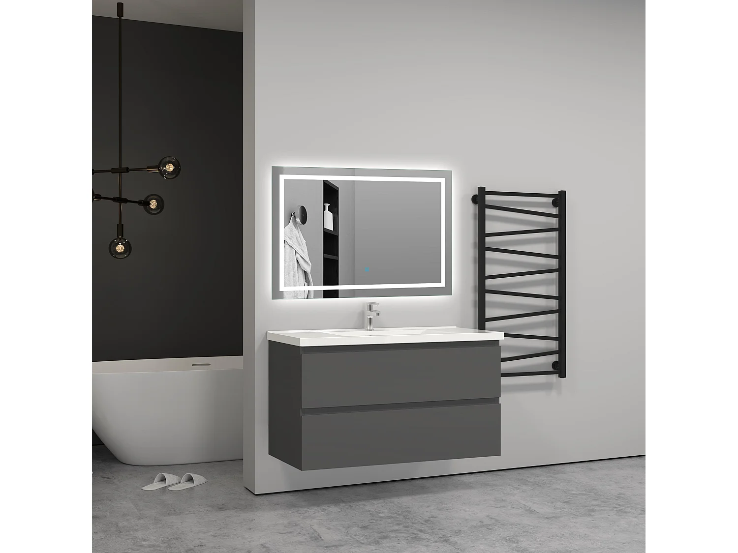 Meuble salle de bain anthracite avec 2 tiroirs à une fermeture amortie avec une vasque à suspendre 99x44.5x52(L*W*H)cm
