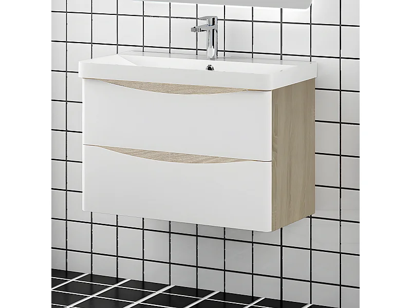 Meuble salle de bain 80x39.5x50cm 2 tiroirs meuble suspendu avec la vasque blanc et bois
