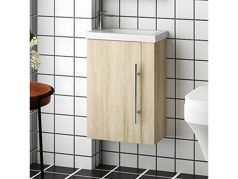 Meuble salle de bain 44x23x60cm 1 porte meuble suspendu avec la vasque couleur bois Aica