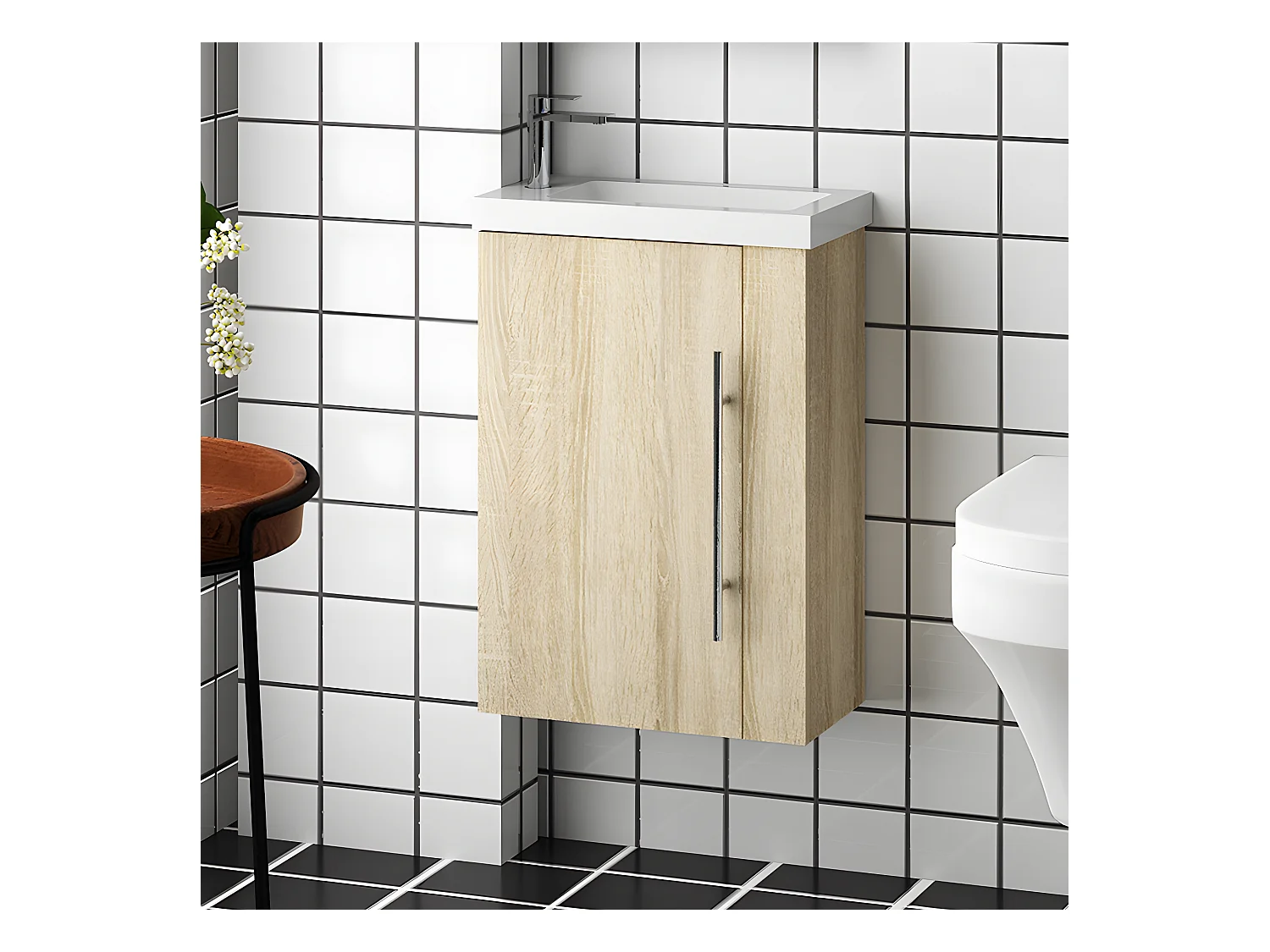 Meuble salle de bain 44x23x60cm 1 porte meuble suspendu avec la vasque couleur bois Aica