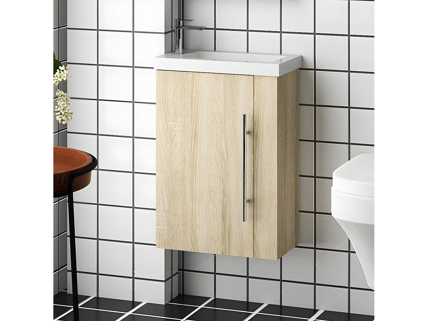 Meuble salle de bain 44x23x60cm 1 porte meuble suspendu avec la vasque couleur bois Aica