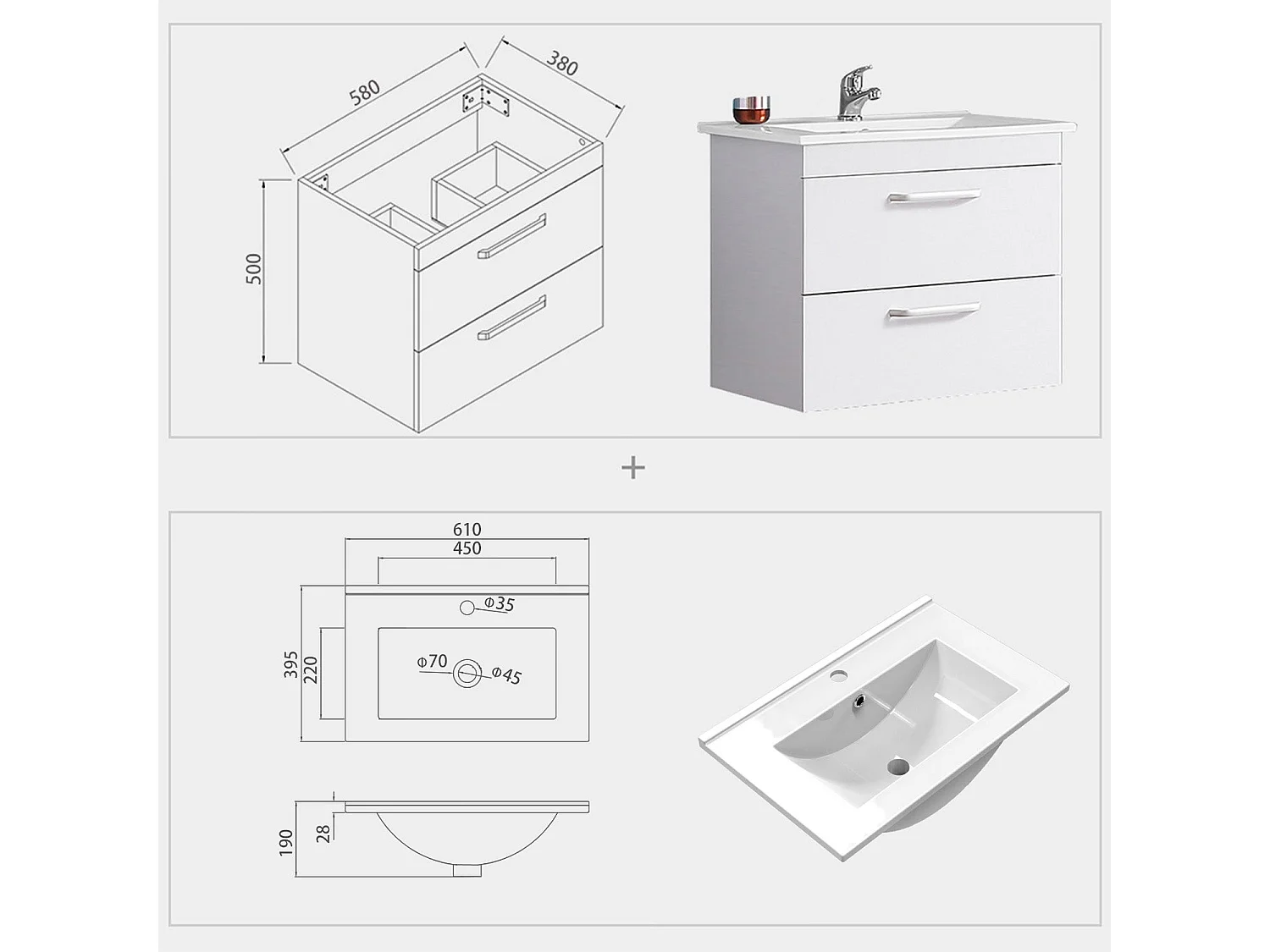 Meuble sous vasque meuble lave-mains à suspendre avec lavabo en céramique blanc 60cm Aica