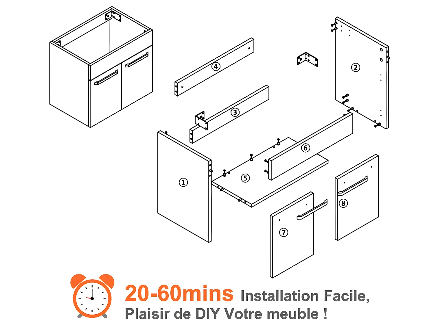Meuble salle de bain 58x38x50cm 2 portes meuble suspendu avec la vasque couleur blanc Aica