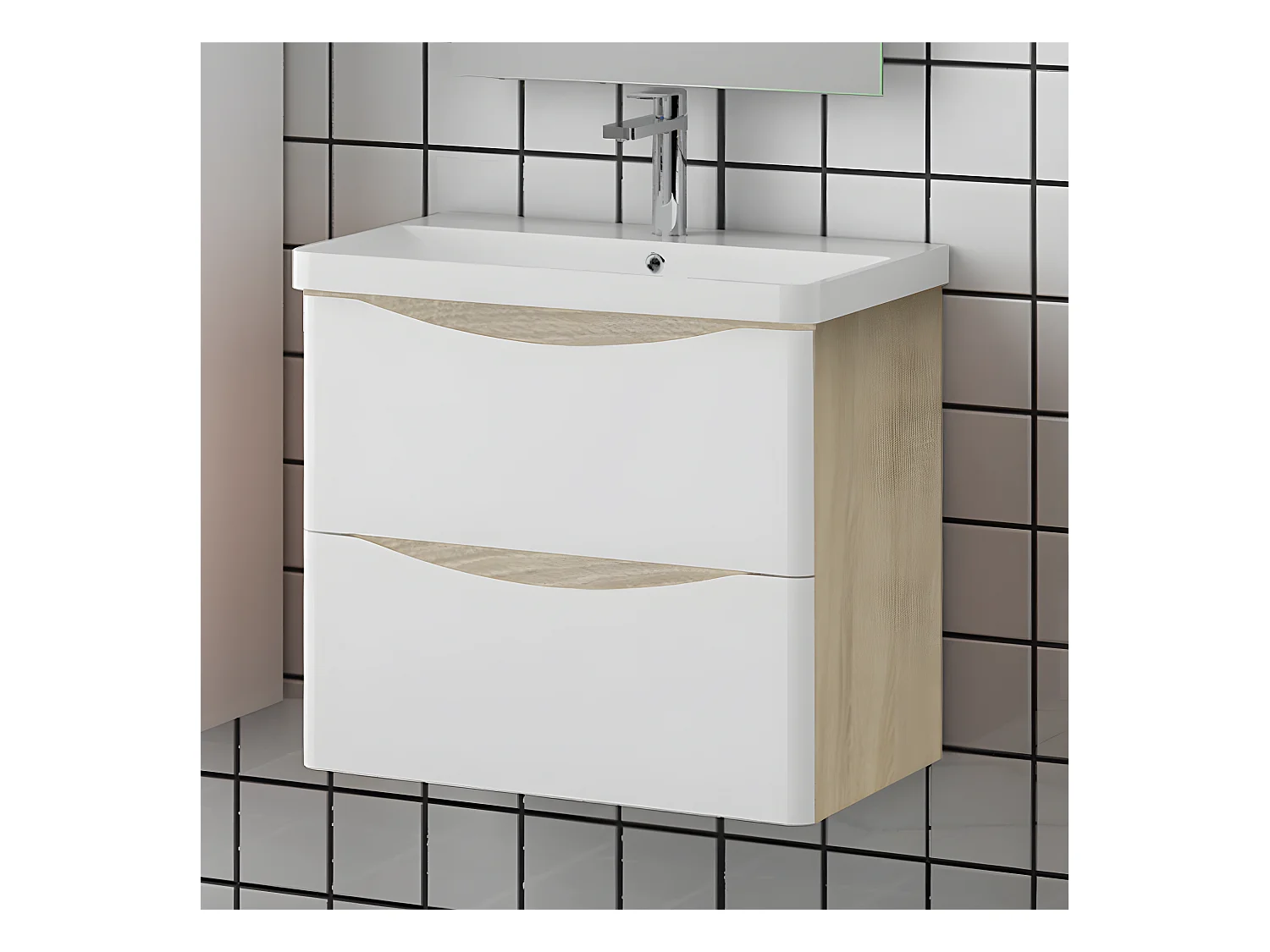 Meuble de rangement de salle de bain avec lavabo Blanc et Bois Clair 60cm Aica