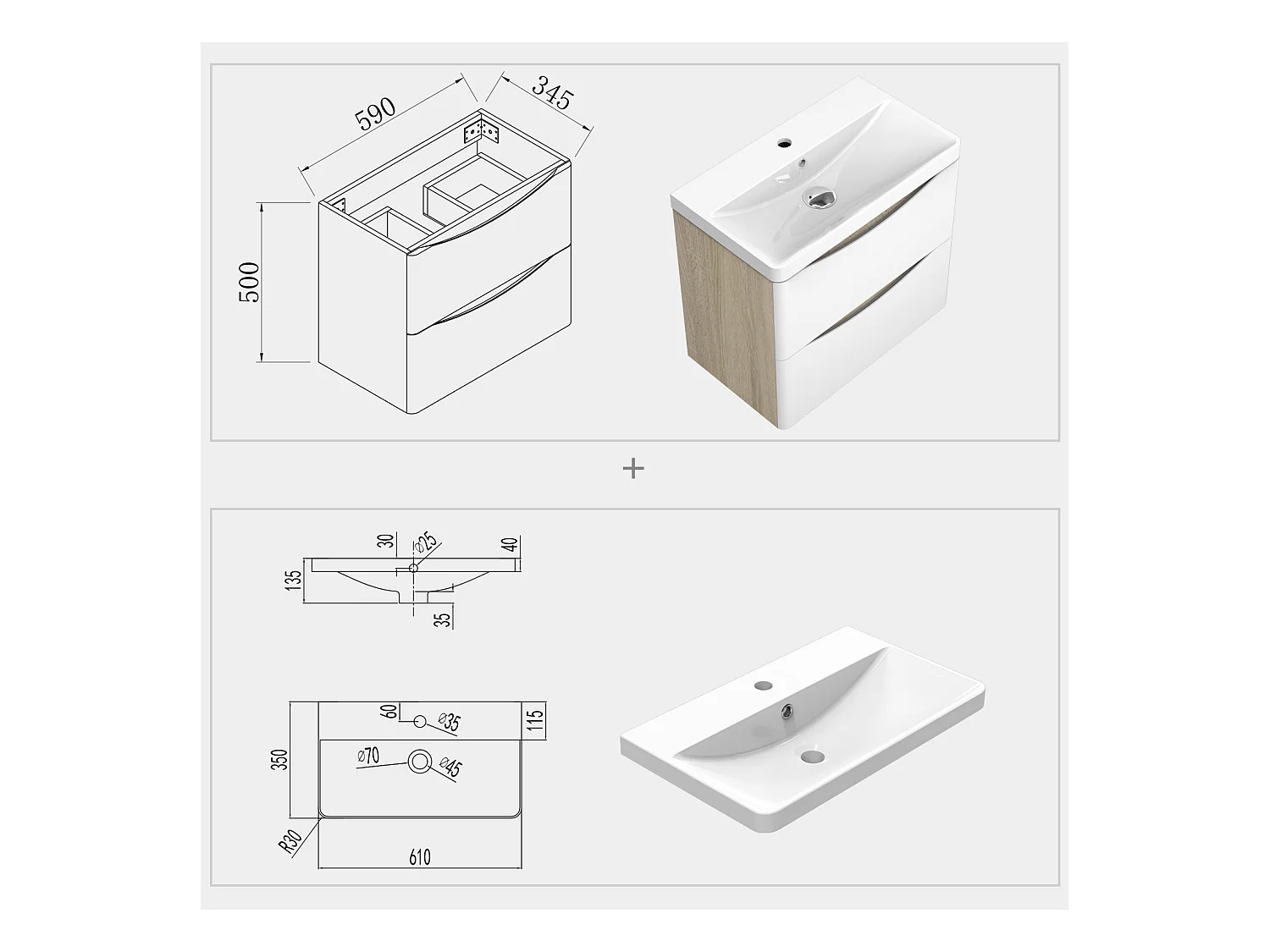 Meuble de rangement de salle de bain avec lavabo Blanc et Bois Clair 60cm Aica